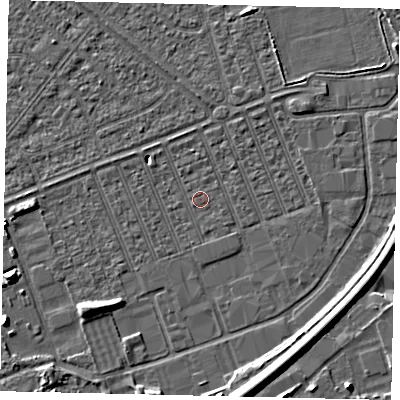 Shaded relief map of the ground around HU46QD, computed from Environment Agency LiDAR. The ground here sits at about 3 m above sea level and falls 9 m across the surrounding 800 m. Surface water reaching this point runs off ground lying to the south-west, 0.6 m higher.