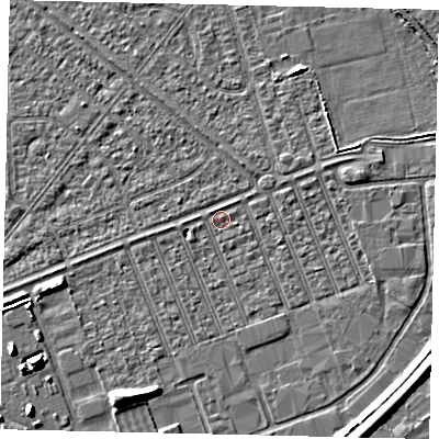 Shaded relief map of the ground around HU46QE, computed from Environment Agency LiDAR. The ground here sits at about 3 m above sea level and falls 7 m across the surrounding 800 m. Surface water reaching this point runs off ground lying to the east-north-east, 1.0 m higher.