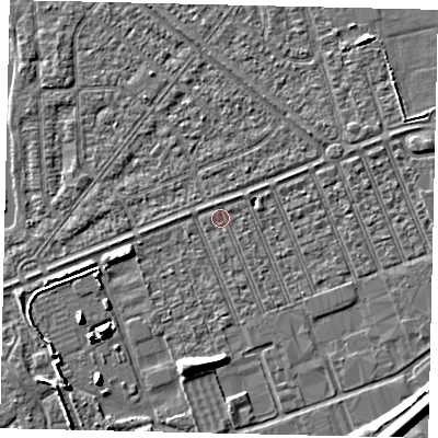 Shaded relief map of the ground around HU46QF, computed from Environment Agency LiDAR. The ground here sits at about 3 m above sea level and falls 8 m across the surrounding 800 m. Surface water reaching this point runs off ground lying to the east-north-east, 2.2 m higher.