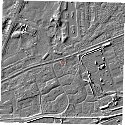 Shaded relief map of the ground around HU46QG, computed from Environment Agency LiDAR. The ground here sits at about 3 m above sea level and falls 6 m across the surrounding 800 m. Surface water reaching this point runs off ground lying to the east-south-east, 2.8 m higher.