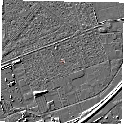Shaded relief map of the ground around HU46QH, computed from Environment Agency LiDAR. The ground here sits at about 3 m above sea level and falls 9 m across the surrounding 800 m. Surface water reaching this point runs off ground lying to the north-east, 1.0 m higher.