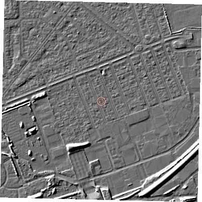Shaded relief map of the ground around HU46QJ, computed from Environment Agency LiDAR. The ground here sits at about 3 m above sea level and falls 11 m across the surrounding 800 m. Surface water reaching this point runs off ground lying to the north-east, 1.0 m higher.