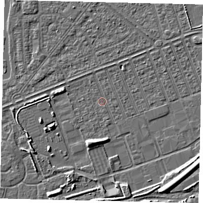 Shaded relief map of the ground around HU46QL, computed from Environment Agency LiDAR. The ground here sits at about 3 m above sea level and falls 9 m across the surrounding 800 m. Surface water reaching this point runs off ground lying to the south-south-west, 2.8 m higher.