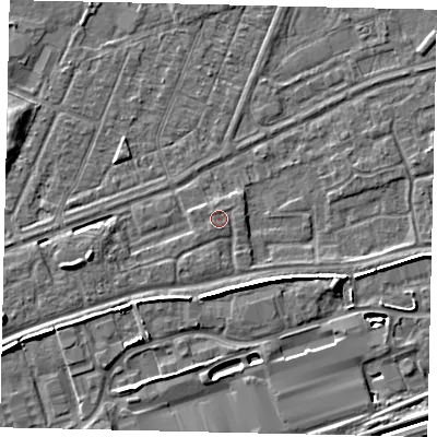 Shaded relief map of the ground around HU46QN, computed from Environment Agency LiDAR. The ground here sits at about 3 m above sea level and falls 6 m across the surrounding 800 m. Surface water reaching this point runs off ground lying to the south-west, 0.5 m higher.