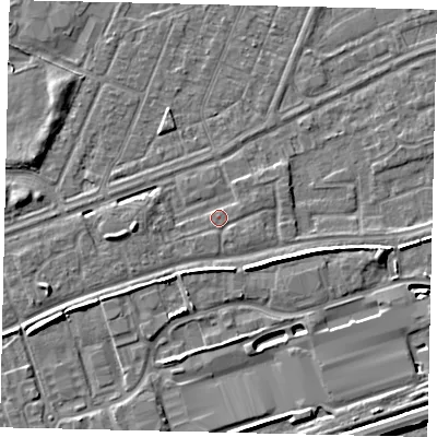 Shaded relief map of the ground around HU46QP, computed from Environment Agency LiDAR. The ground here sits at about 3 m above sea level and falls 6 m across the surrounding 800 m. Surface water reaching this point runs off ground lying to the east-north-east, 1.1 m higher.