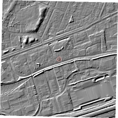 Shaded relief map of the ground around HU46QR, computed from Environment Agency LiDAR. The ground here sits at about 3 m above sea level and falls 6 m across the surrounding 800 m. Surface water reaching this point runs off ground lying to the east, 5.7 m higher.