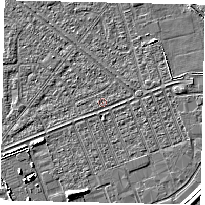Shaded relief map of the ground around HU46RA, computed from Environment Agency LiDAR. The ground here sits at about 2 m above sea level and falls 7 m across the surrounding 800 m. Surface water reaching this point runs off ground lying to the east-north-east, 0.8 m higher.