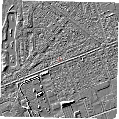 Shaded relief map of the ground around HU46RB, computed from Environment Agency LiDAR. The ground here sits at about 3 m above sea level and falls 6 m across the surrounding 800 m. Surface water reaching this point runs off ground lying to the east-north-east, 1.3 m higher.