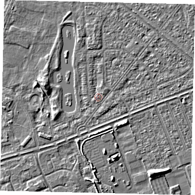 Shaded relief map of the ground around HU46RE, computed from Environment Agency LiDAR. The ground here sits at about 3 m above sea level and falls 6 m across the surrounding 800 m. Surface water reaching this point runs off ground lying to the south, 0.9 m higher.