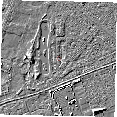 Shaded relief map of the ground around HU46RG, computed from Environment Agency LiDAR. The ground here sits at about 3 m above sea level and falls 6 m across the surrounding 800 m. Surface water reaching this point runs off ground lying to the south-south-east, 1.1 m higher.