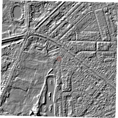 Shaded relief map of the ground around HU46RH, computed from Environment Agency LiDAR. The ground here sits at about 2 m above sea level and falls 3 m across the surrounding 800 m. Surface water reaching this point runs off ground lying to the south-east, 1.2 m higher.