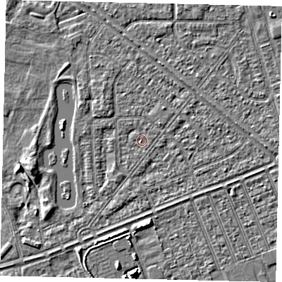 Shaded relief map of the ground around HU46RL, computed from Environment Agency LiDAR. The ground here sits at about 2 m above sea level and falls 6 m across the surrounding 800 m. Surface water reaching this point runs off ground lying to the east, 1.5 m higher.