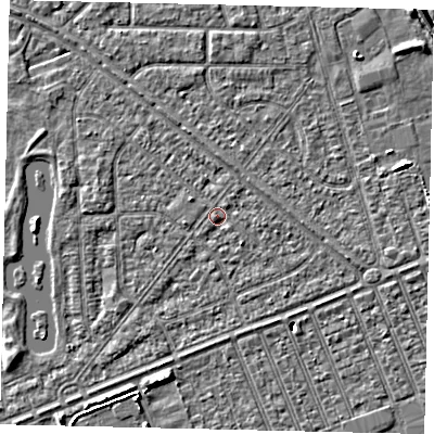 Shaded relief map of the ground around HU46RP, computed from Environment Agency LiDAR. The ground here sits at about 3 m above sea level and falls 5 m across the surrounding 800 m. Surface water reaching this point runs off ground lying to the east-north-east, 1.0 m higher.