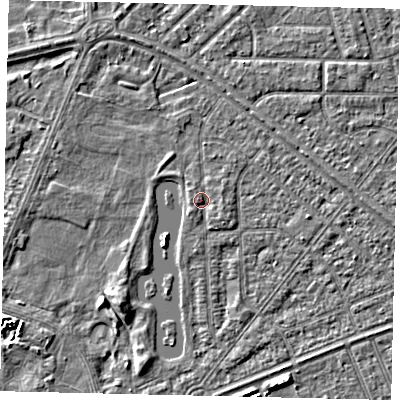 Shaded relief map of the ground around HU46RQ, computed from Environment Agency LiDAR. The ground here sits at about 3 m above sea level and falls 4 m across the surrounding 800 m. Surface water reaching this point runs off ground lying to the east-south-east, 1.0 m higher.