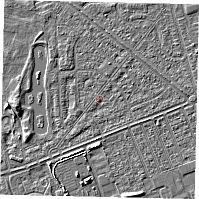 Shaded relief map of the ground around HU46RR, computed from Environment Agency LiDAR. The ground here sits at about 3 m above sea level and falls 6 m across the surrounding 800 m. Surface water reaching this point runs off ground lying to the east, 1.5 m higher.