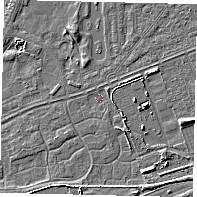 Shaded relief map of the ground around HU46RS, computed from Environment Agency LiDAR. The ground here sits at about 2 m above sea level and falls 6 m across the surrounding 800 m. Surface water reaching this point runs off ground lying to the south-east, 2.8 m higher.
