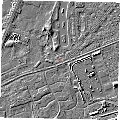Shaded relief map of the ground around HU46RU, computed from Environment Agency LiDAR. The ground here sits at about 3 m above sea level and falls 6 m across the surrounding 800 m. Surface water reaching this point runs off ground lying to the west-south-west, 1.0 m higher.