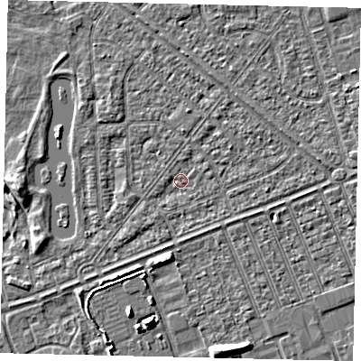 Shaded relief map of the ground around HU46RW, computed from Environment Agency LiDAR. The ground here sits at about 2 m above sea level and falls 6 m across the surrounding 800 m. Surface water reaching this point runs off ground lying to the east, 1.5 m higher.