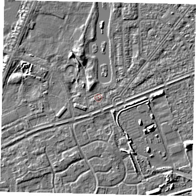 Shaded relief map of the ground around HU46RX, computed from Environment Agency LiDAR. The ground here sits at about 3 m above sea level and falls 6 m across the surrounding 800 m. Surface water reaching this point runs off ground lying to the south-west, 1.0 m higher.
