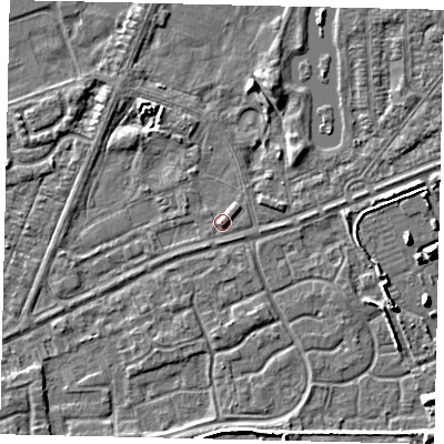 Shaded relief map of the ground around HU46RZ, computed from Environment Agency LiDAR. The ground here sits at about 3 m above sea level and falls 6 m across the surrounding 800 m. The ground contributing surface water to this point lies to the south-east.