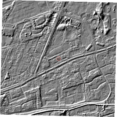 Shaded relief map of the ground around HU46SA, computed from Environment Agency LiDAR. The ground here sits at about 2 m above sea level and falls 6 m across the surrounding 800 m. Surface water reaching this point runs off ground lying to the south-south-east, 3.9 m higher.