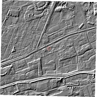 Shaded relief map of the ground around HU46SB, computed from Environment Agency LiDAR. The ground here sits at about 2 m above sea level and falls 6 m across the surrounding 800 m. Surface water reaching this point runs off ground lying to the west-south-west, 3.0 m higher.