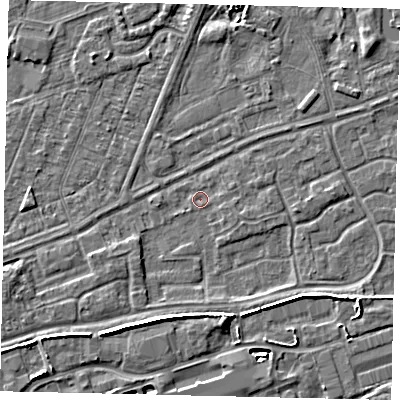 Shaded relief map of the ground around HU46SD, computed from Environment Agency LiDAR. The ground here sits at about 2 m above sea level and falls 6 m across the surrounding 800 m. Surface water reaching this point runs off ground lying to the north-west, 0.5 m higher.