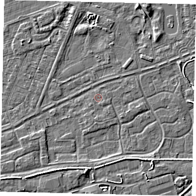 Shaded relief map of the ground around HU46SF, computed from Environment Agency LiDAR. The ground here sits at about 3 m above sea level and falls 6 m across the surrounding 800 m. Surface water reaching this point runs off ground lying to the south, 0.9 m higher.