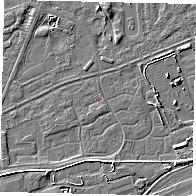 Shaded relief map of the ground around HU46SJ, computed from Environment Agency LiDAR. The ground here sits at about 3 m above sea level and falls 6 m across the surrounding 800 m. Surface water reaching this point runs off ground lying to the south, 1.0 m higher.