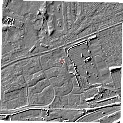 Shaded relief map of the ground around HU46SP, computed from Environment Agency LiDAR. The ground here sits at about 2 m above sea level and falls 8 m across the surrounding 800 m. Surface water reaching this point runs off ground lying to the south-east, 2.8 m higher.