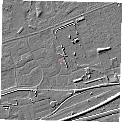 Shaded relief map of the ground around HU46SS, computed from Environment Agency LiDAR. The ground here sits at about 3 m above sea level and falls 8 m across the surrounding 800 m. Surface water reaching this point runs off ground lying to the east-south-east, 3.2 m higher.
