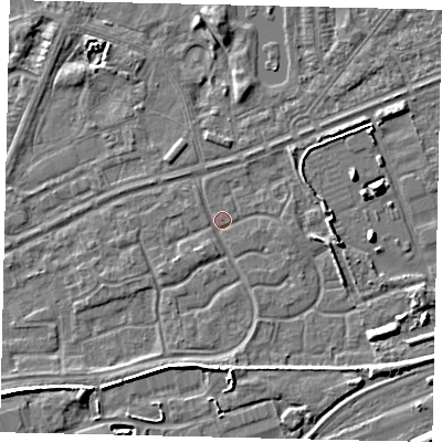 Shaded relief map of the ground around HU46SZ, computed from Environment Agency LiDAR. The ground here sits at about 3 m above sea level and falls 7 m across the surrounding 800 m. Surface water reaching this point runs off ground lying to the south, 3.9 m higher.