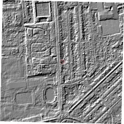 Shaded relief map of the ground around HU46TB, computed from Environment Agency LiDAR. The ground here sits at about 2 m above sea level and falls 3 m across the surrounding 800 m. Surface water reaching this point runs off ground lying to the south, 1.3 m higher.