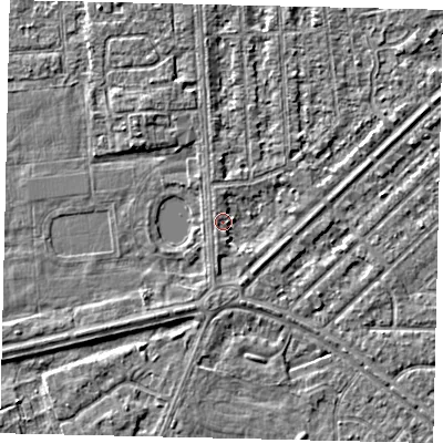 Shaded relief map of the ground around HU46TD, computed from Environment Agency LiDAR. The ground here sits at about 2 m above sea level and falls 2 m across the surrounding 800 m. Surface water reaching this point runs off ground lying to the west-north-west, 1.2 m higher.