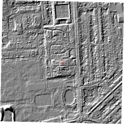 Shaded relief map of the ground around HU46TF, computed from Environment Agency LiDAR. The ground here sits at about 3 m above sea level and falls 5 m across the surrounding 800 m. Surface water reaching this point runs off ground lying to the south-south-west, 0.8 m higher.