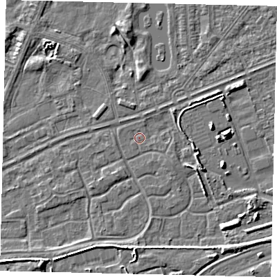 Shaded relief map of the ground around HU46TG, computed from Environment Agency LiDAR. The ground here sits at about 3 m above sea level and falls 6 m across the surrounding 800 m. The ground contributing surface water to this point lies to the south-east.
