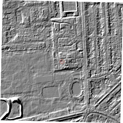 Shaded relief map of the ground around HU46TJ, computed from Environment Agency LiDAR. The ground here sits at about 2 m above sea level and falls 5 m across the surrounding 800 m. Surface water reaching this point runs off ground lying to the east-north-east, 1.2 m higher.