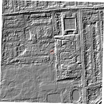 Shaded relief map of the ground around HU46TP, computed from Environment Agency LiDAR. The ground here sits at about 2 m above sea level and falls 3 m across the surrounding 800 m. Surface water reaching this point runs off ground lying to the north-west, 2.4 m higher.