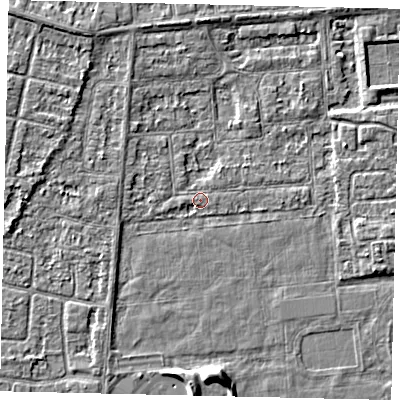 Shaded relief map of the ground around HU46TS, computed from Environment Agency LiDAR. The ground here sits at about 2 m above sea level and falls 5 m across the surrounding 800 m. Surface water reaching this point runs off ground lying to the south-west, 1.3 m higher.