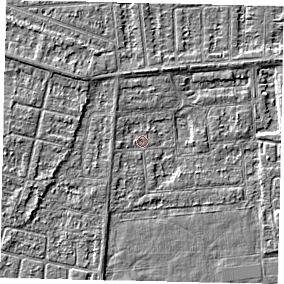 Shaded relief map of the ground around HU46TU, computed from Environment Agency LiDAR. The ground here sits at about 2 m above sea level and falls 3 m across the surrounding 800 m. Surface water reaching this point runs off ground lying to the west, 1.6 m higher.