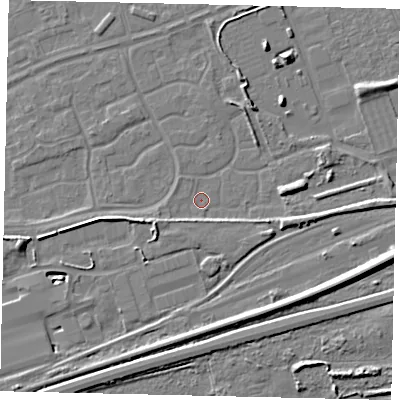 Shaded relief map of the ground around HU46UA, computed from Environment Agency LiDAR. The ground here sits at about 3 m above sea level and falls 7 m across the surrounding 800 m. Surface water reaching this point runs off ground lying to the east, 3.2 m higher.