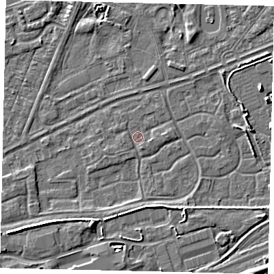 Shaded relief map of the ground around HU46UE, computed from Environment Agency LiDAR. The ground here sits at about 3 m above sea level and falls 7 m across the surrounding 800 m. Surface water reaching this point runs off ground lying to the south-south-east, 1.1 m higher.