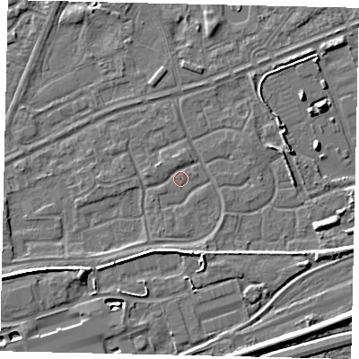 Shaded relief map of the ground around HU46UF, computed from Environment Agency LiDAR. The ground here sits at about 3 m above sea level and falls 7 m across the surrounding 800 m. Surface water reaching this point runs off ground lying to the west-south-west, 5.6 m higher.
