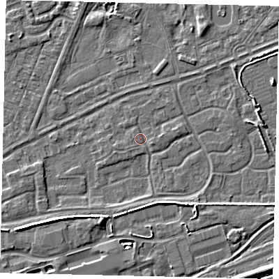 Shaded relief map of the ground around HU46UH, computed from Environment Agency LiDAR. The ground here sits at about 3 m above sea level and falls 7 m across the surrounding 800 m. Surface water reaching this point runs off ground lying to the east-south-east, 0.9 m higher.