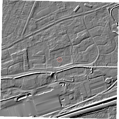 Shaded relief map of the ground around HU46UJ, computed from Environment Agency LiDAR. The ground here sits at about 3 m above sea level and falls 6 m across the surrounding 800 m. Surface water reaching this point runs off ground lying to the west-south-west, 5.6 m higher.