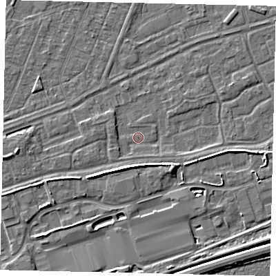 Shaded relief map of the ground around HU46UL, computed from Environment Agency LiDAR. The ground here sits at about 3 m above sea level and falls 6 m across the surrounding 800 m. Surface water reaching this point runs off ground lying to the west-south-west, 1.2 m higher.