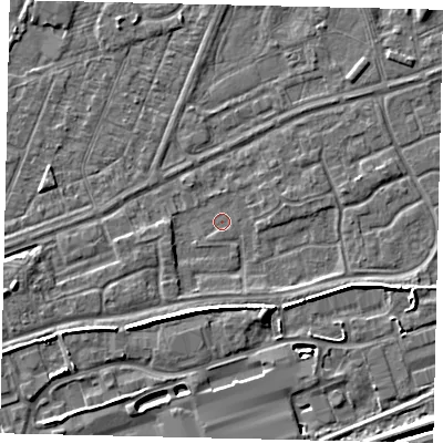 Shaded relief map of the ground around HU46UN, computed from Environment Agency LiDAR. The ground here sits at about 3 m above sea level and falls 6 m across the surrounding 800 m. Surface water reaching this point runs off ground lying to the south-south-east, 1.4 m higher.
