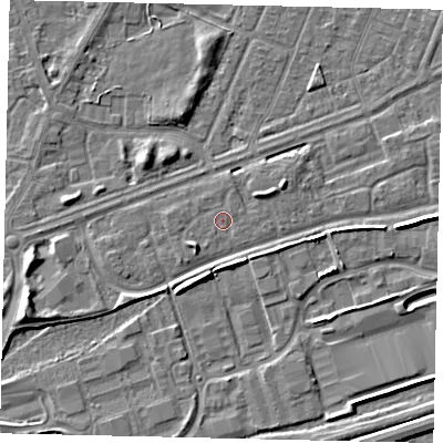 Shaded relief map of the ground around HU46UR, computed from Environment Agency LiDAR. The ground here sits at about 3 m above sea level and falls 6 m across the surrounding 800 m. Surface water reaching this point runs off ground lying to the south-south-west, 0.6 m higher.