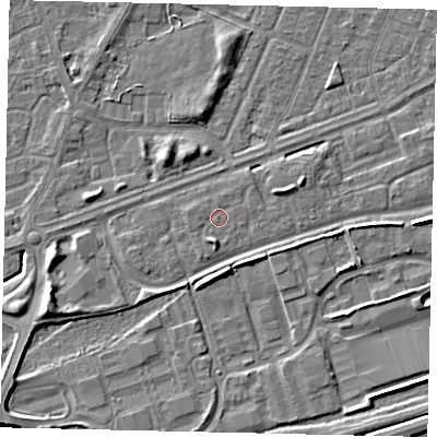 Shaded relief map of the ground around HU46US, computed from Environment Agency LiDAR. The ground here sits at about 3 m above sea level and falls 6 m across the surrounding 800 m. Surface water reaching this point runs off ground lying to the south, 2.0 m higher.