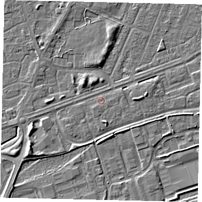 Shaded relief map of the ground around HU46UT, computed from Environment Agency LiDAR. The ground here sits at about 3 m above sea level and falls 6 m across the surrounding 800 m. Surface water reaching this point runs off ground lying to the south-west, 4.2 m higher.